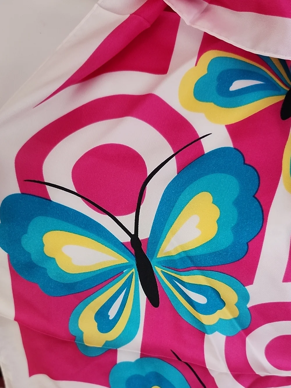 Adrienne Landau Pink Butterfly with Teal and Yellow Accents Silk Scarf